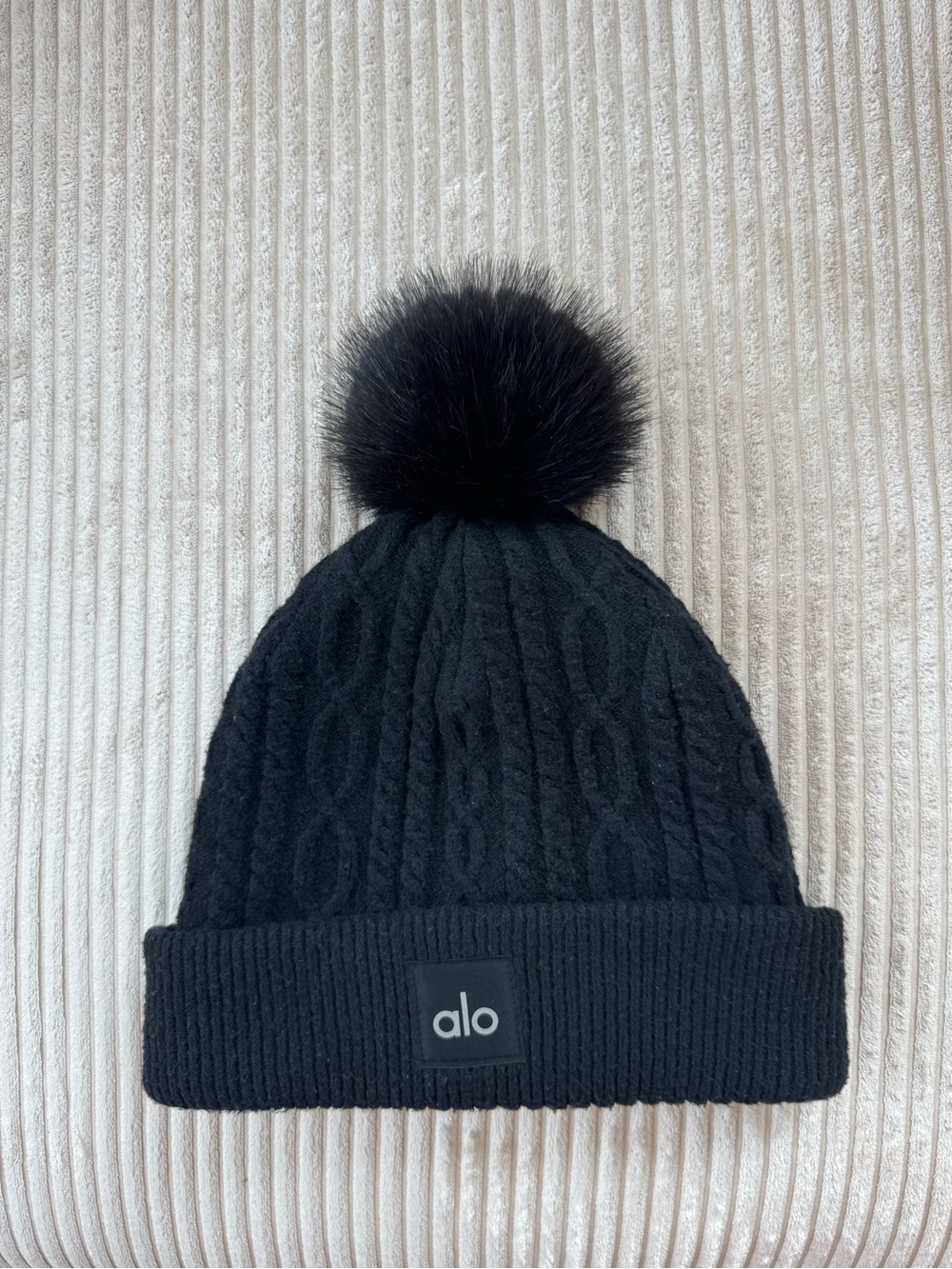 ALO Yoga Black Cable Knit Pom Beanie
